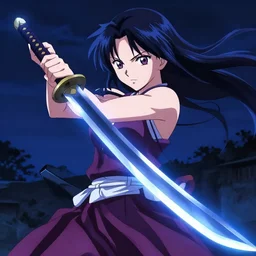 Anime Screenshot of a Baiken unsheathing her sword at night, strong blue rimlit, visual-key, anime illustration, pixiv, anime-twitter