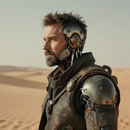 a rugged middle aged technician man with cybernetic enhancements and unique hair lost in the desert, scifi character portrait by greg rutkowski, esuthio, craig mullins, short beard, green eyes, 1 / 4 headshot, cinematic lighting, dystopian scifi gear, gloomy, profile picture, mechanical, half robot, implants, steampunk