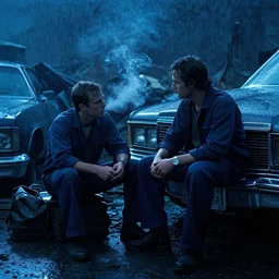 movie scene of a mechanic taking a smoking break at a junkyard. cool blue lighting, moody vibe, rainy day, dark knight ( 2 0 0 8 ) set in 1 9 8 2. light haze. cadillac. cinemascope. scorcese. david fincher se 7 en. fred herzog