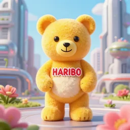 portrait of haribo bear in future city, color and shape focus, central composition, natural light, bloom, puff, by simon stalenhag and rene magr
