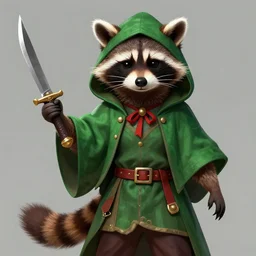 a raccoon in a green, hooded rouge outfit holding dagger, trending on art station, D&D