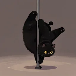 illustration of chubby black cat doing pole dance