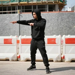 photo of a man who dabs, in black hoodie and black pants, broad daylight in front of construction site barier wall