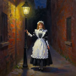 oil painting dark alley with water Victorian waif a under a street lamp by Lisa Frank, Thomas Kinkade,  vivid color
