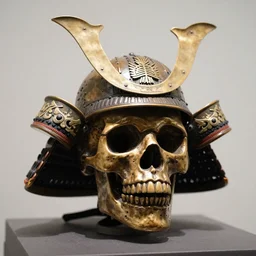 close up shot of an old bronze patina statue of a skull wearing a samurai hat in a museum