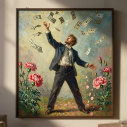 man throwing money into the air, money conffeti by gustave dore. back glass painting, carnation, encaustic painting, b - roll, establishing shot, dappled light, crime scene photography, 8 k, vray, unreal engine, blender cycles, colorful