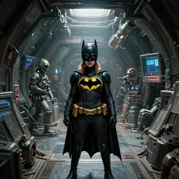 movie frame still from live action adaptation of big spaceship bunker girl in a bat suit, directed by steven spielberg, 8 k, vhs glitch, ultra wide angle, high contrast, zenith view, greg rutkowski, intrincate, highly detailed, ilm, oscar winning photography, dramatic lighting, greg nicotero, beautiful image