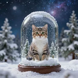 high resolution 4k Cat in a snowglobe, falling snow, snowing, pine trees Galactic background