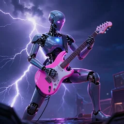 album cover with cyborg playing a neon electric guitar in a dramatic pose, thunder lightning in background, 4k, digital art