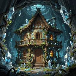 in the underground crystal mine, there is a wooden house villa wrapped by vines ) ) ). the walls of the villa are inserted with many cold crystals, and the atmosphere is very strong ) ) ), trending on artstation, illustrated by greg rutkowskia, 4 k digital art, the style of borderlands 2