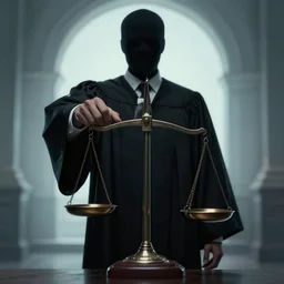 man in a judge robe holding a scales of justice, dead by daylight killer, concept art, 4k