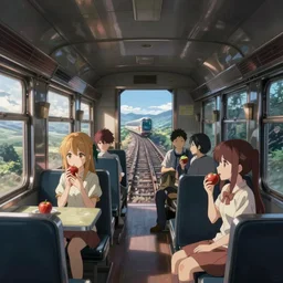 Anime Spice and Wolf Holo sitting in train coupe eating apples while train runs through void