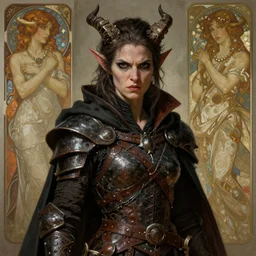 masterpiece portrait of a surly and resentful female tiefling thief with small horns clothed in ragged leather armor and a cloak, angry expression, black eyes, by Greg Rutkowski and John Collier and Krenz Cushart and Artem Demura and Alphonse Mucha and Albert Aublet, as seen on ArtStation, 4k, dungeons and dragons, very aesthetic, very detailed, intricate, unreal, fantasy, dramatic, painterly, artstation, sharp focus, smooth