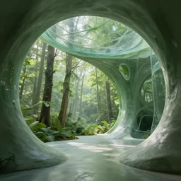 S 2824651697 Hyper realistic,interior design,organic form,plaster, green,transparency, view of forest,Future design,architecture design,parametric architecture,covers by textile,environment,morning light,Cinematography,mega scans,cinematic,hyper realistic,photo real,cinematic composition,highly detailed,vray,8k render, extremely realistic