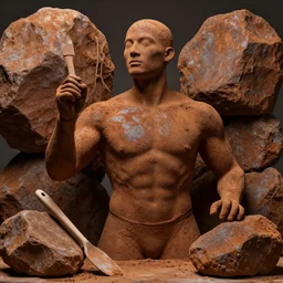 highly detailed photography of a men made of rust clay, big rocks, hand gesture, sharp focus, clay texture, dramatic scene, aesthetic, dynamic lighting, elegant, harmony, masterpiece, by javier marin, high quality, spatula