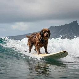 zombie dog riding a surfboard on the north shore of hawaii, hyperreal, hdr, atmospheric