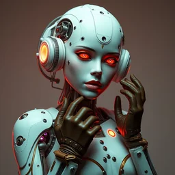 an intricate female android with bright neon hydraulics, body made from porcelain and brass, leather gloves, pastel colors, 1 9 5 0 sci - fi, studio lighting, full body, calm, art nouveau, steampunk, ambient occlusion, octane render, ultra detailed, artgerm, greg rutkowski, norman rockwell, tom bagshaw