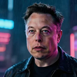Elon Musk close up film still from Blade Runner 2049, beautiful lighting, raining, neon lights, cinematic depth, ultra sharp
