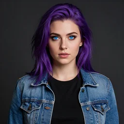 an insanely detailed realistic depiction of beautiful abigail from stardew valley wearing black shirt under blue denim jacket, purple hair, hyperdetailed gorgeous blue eyes, in the style of peter mohrbacher, artgerm, dramatic lighting and composition, octane render, trending on artstation, concept art 8 k