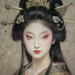 portrait of a beautiful japanese goddess, unusual beauty, esoteric, muted colors, head in focus, fantasy art, ornamental aesthetics intricate, elegant, highly detailed, uhd, hyperrealistic painting, artstation, concept art, painterly, sharp focus, illustration, art by chie yoshii