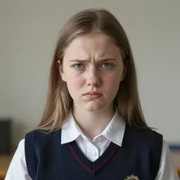 color portrait of a thin adolescent white woman with round face wearing a school uniform, 1 6 yo, annoyed look, skin pores, acne, skin condition, straight hair, in the morning, ambient light, sigma 8 5 mm, hdr, nikon 5 0 mm f / 1. 8 g, by lee jeffries