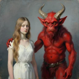 a red-horned goblin monster next to a woman, by Odd Nerdrum