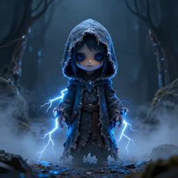 character design, cute arcanist, tattered hood, blue lightning, blue mist, fog, scary, photorealistic, cinematic, hyper realistic, octane render, 8 k, wide angle
