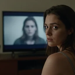Over the shoulder shot of a woman looking back at you. The T.V. is illuminating a disturbing grey image on the TV screen.