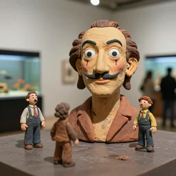 plasticine sculpture model of stop motion salvador dali. figures clay. minimal. tilt shift. fish tank. gallery. visitors. photorealistic. john craxton. small hole in wall