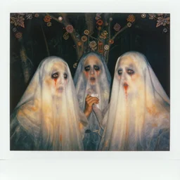 an instant photo of the handsome but sinister ghosts of brothers in layers of fear, with violence in his eyes, 1 9 7 0 s, seventies, woodlands, delicate embellishments, a little blood, crimson, painterly, offset printing technique, by alexandre cabanel