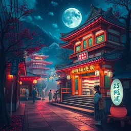 detailed 風 景 + luminescent 背 景 + scenery artwork 厚 塗 り, artstation!! pixiv!! coloful geisha looking like billy illish in foreground!! width - 1 0 2 4