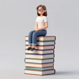 a woman with light brown hair and glasses sitting on top of a tall pile of books. well composed, clean elegant painting, beautiful detailed face. comic book art by steve ditko and jack kirby and alphonse mucha
