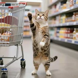 cat standing on 2 legs like a human shopping in tesco