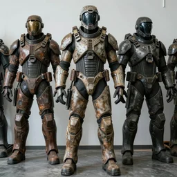 photo taken of an epic intricate, ultra detailed, super realistic gritty, hero prop, exquisitely weathered armoured hazardsuit movie prop replica's in a row in the workshop, created by weta workshop, full body shot, photorealistic, sharp focus, white wall, cold colour temperture, golden ratio