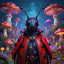 4 k headshot portrait of a psychedelic demonic anthropomorphic ladybug with mushroom themed clothes, magic mushroom village in background by jeff easley, award winning, stylized neon, post - processing, masterpiece, superb resolution. in the art style of junji ito and greg rutkowski. detailed mushroom city in background. hyper realistic anime. perfect art. dalle 2