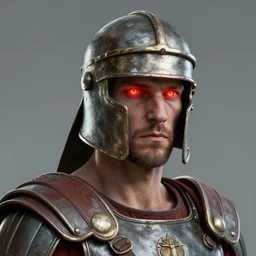 artstation concept art portrait of a roman soldier themed superhero, eyes containing a piercing red and yellow light, realistic render, detailed, photorealistic, greg rutkowski and ruan jia, octane render,