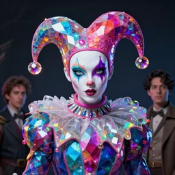 portrait of a hyperdimensional jester, neon rainbow quartz, 4k detailed hyperrealistic digital photo by Andy Thomas, Mario Martinez, Daniel Mirante, Gustave Dore, Artstation, CGsociety