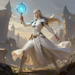 eowyn, wearing a long white dress, holding a palantir, apex legends character digital illustration portrait design by, mark brooks and brad kunkle detailed, gorgeous lighting, wide angle action dynamic portrait