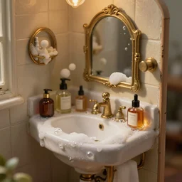 steampunk tiny bathroom in the warm morning light, soap, bubbles, perfumes, beautifully lit, painting, high resolution, trending on artstation