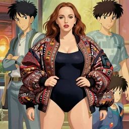 a beautiful plus sized model japanese natalie portman, alluring, wearing oversized mayan bomber jacket and leotard with overalls, bulky poofy bomber jacket with mayan patterns, aztec street fashion, gapmoe yandere grimdark, trending on pixiv fanbox, painted by greg rutkowski makoto shinkai takashi takeuchi studio ghibli, akihiko yoshida