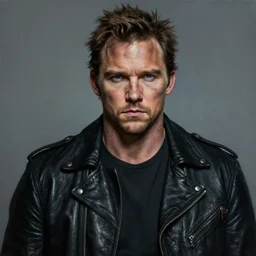 portrait of chris pratt, very serious, gritty, dark, wearing a black leather jacket, hyperrealistic, very detailed painting by Glenn Fabry, by Joao Ruas, by Artgerm