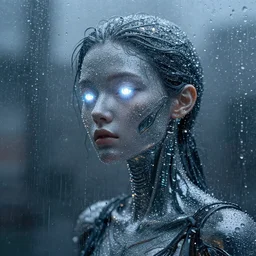 looking through wet glass, rain at vaporwave cyborg, sparkles, shine glimmer, by scott uminga, led light, highly detailed and intricate, hdr, hyper detailed, intricate, elite, ornate, elegant, luxury, sharp focus, photography, unreal engine, trending on artstation, photorealistic, octane, trending on deviantart