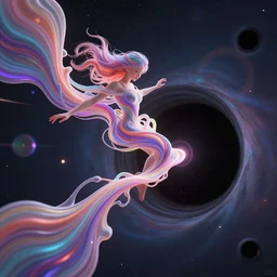 A stunning young ethereal figure, delicately positioned and entwined in vibrant fluid hues, is being drawn and spaghettified into a blackhole, gravitational lenses, photons, dimples, Fantasy, hyperrealism, 4k, volumetric lighting, three dimensions, spaghettification, a digitally transformed world, user interface design, 3D modeling, artstation, illustration, and transportation design. art by Andrew Chiampo, Frederik Heyman and Jonathan Zawada