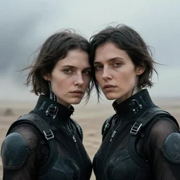 cinestill 5 0 d photographic portrait by helen levitt of two loving female androids wearing rugged black mesh techwear on a desolate plain, extreme closeup, modern cyberpunk moody cinematic, dust storm, 8 k, hd, high resolution, 3 5 mm, f / 3 2, ultra realistic faces, ex machina