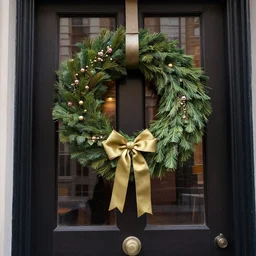 wreath on new york apartment building door, artwork by gaston bussiere, craig mullins, trending on artstation