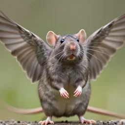 closeup zeiss 3 5 mm photo of a standing majestic rat with spread sparrow wings, wildlife photography