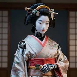 Japanese robot geisha, ganguro style, wires actuators and circuit boards, 8K HD