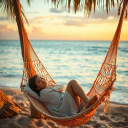sleeping on hammock, seaside, cool breeze, sunset, highly detailed, photorealistic, 8 k