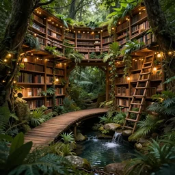 professional digital art of a hidden library in a forest with wooden bridges, cozy, fairy lights, nature, plants, vines, bridges, ladders, pond, trickling water, stones, fantasy, high quality, hd, 4 k, 8 k