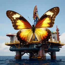 a huge luminous butterfly rests on the oil platform, by craig mullins